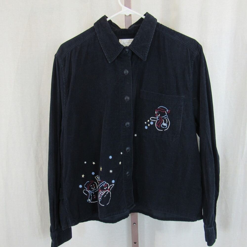 Christopher & Banks XL Navy Blue Corduroy Button Up Top Snowmen Playing